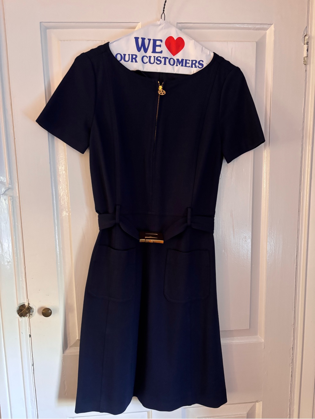 Tory Burch Navy Short-Sleeve Midi Dress With Gold Accent Belt